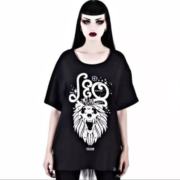 Killstar Tops - KILLSTAR Leo Relaxed Top | Unisex Fit | Black Cotton One-Of-A-Kind Design Tee S
